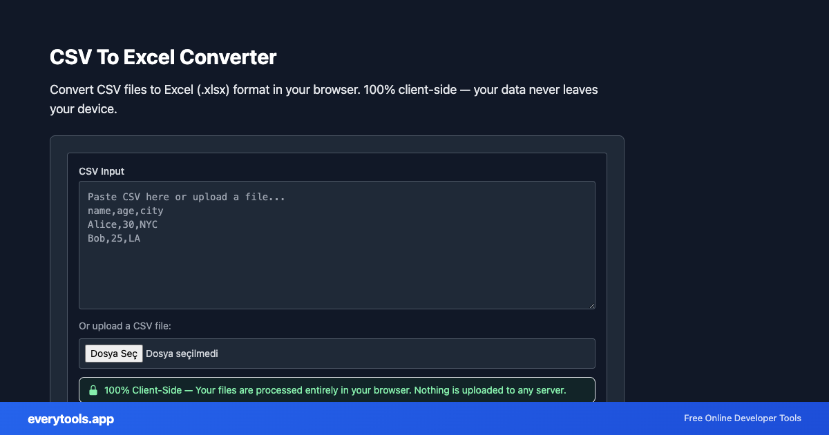 CSV To Excel Converter – Free Online Tool Screenshot