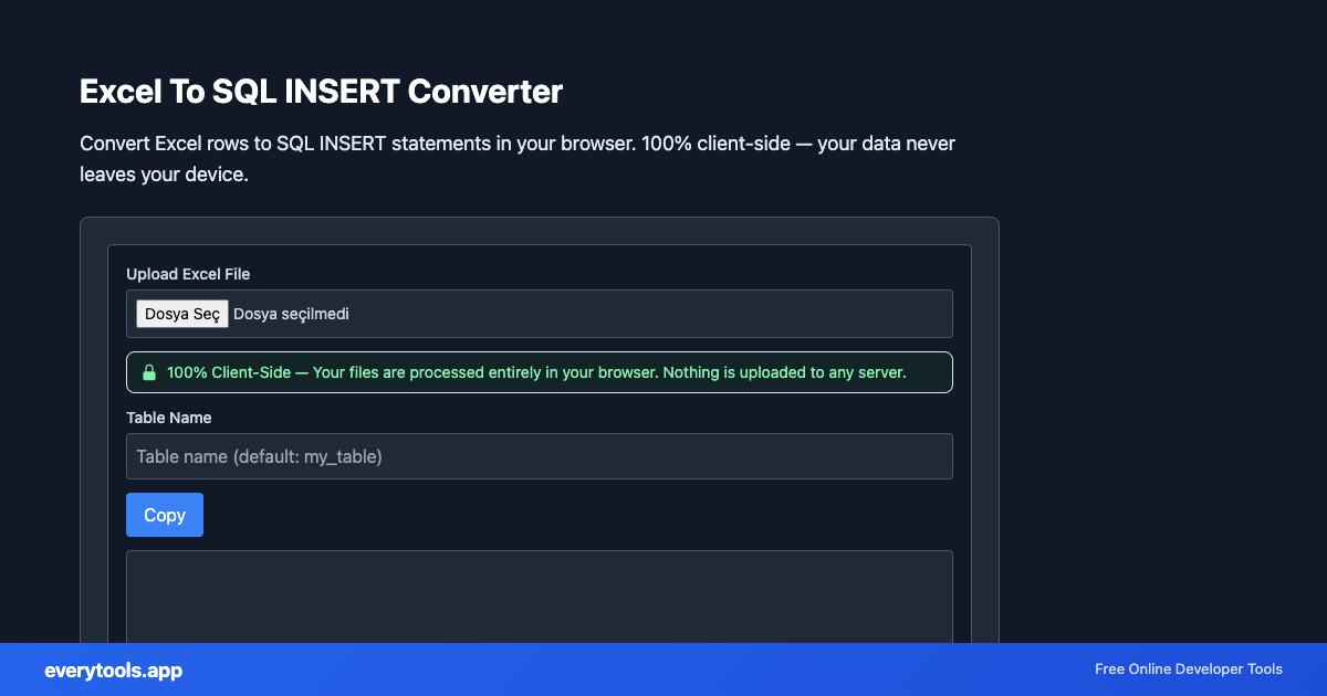 Excel To SQL Insert – Free Online Tool Screenshot