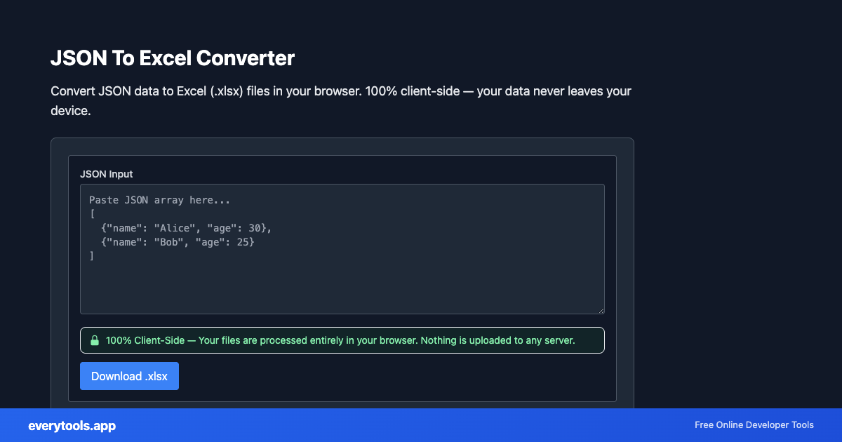 JSON To Excel Converter – Free Online Tool Screenshot