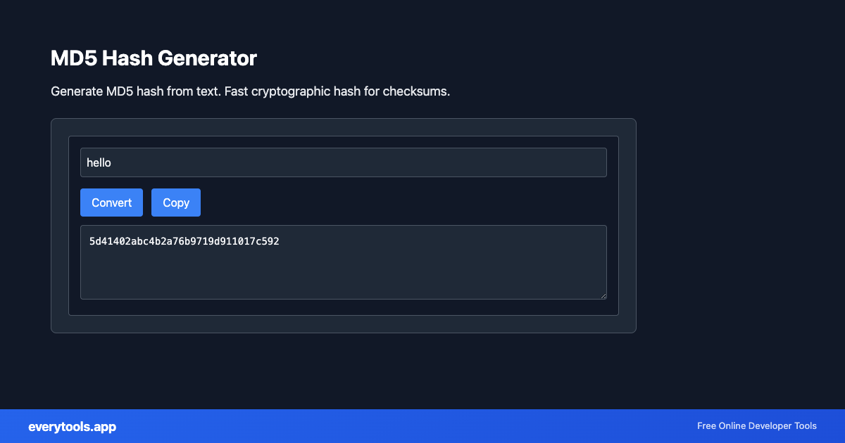 MD5 Hash Generator – Free Online Tool Screenshot