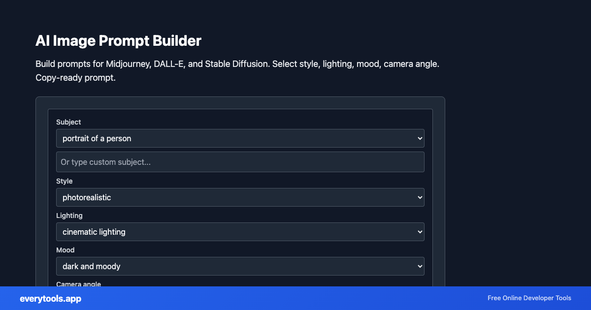 AI Image Prompt Builder – Free Online Tool Screenshot