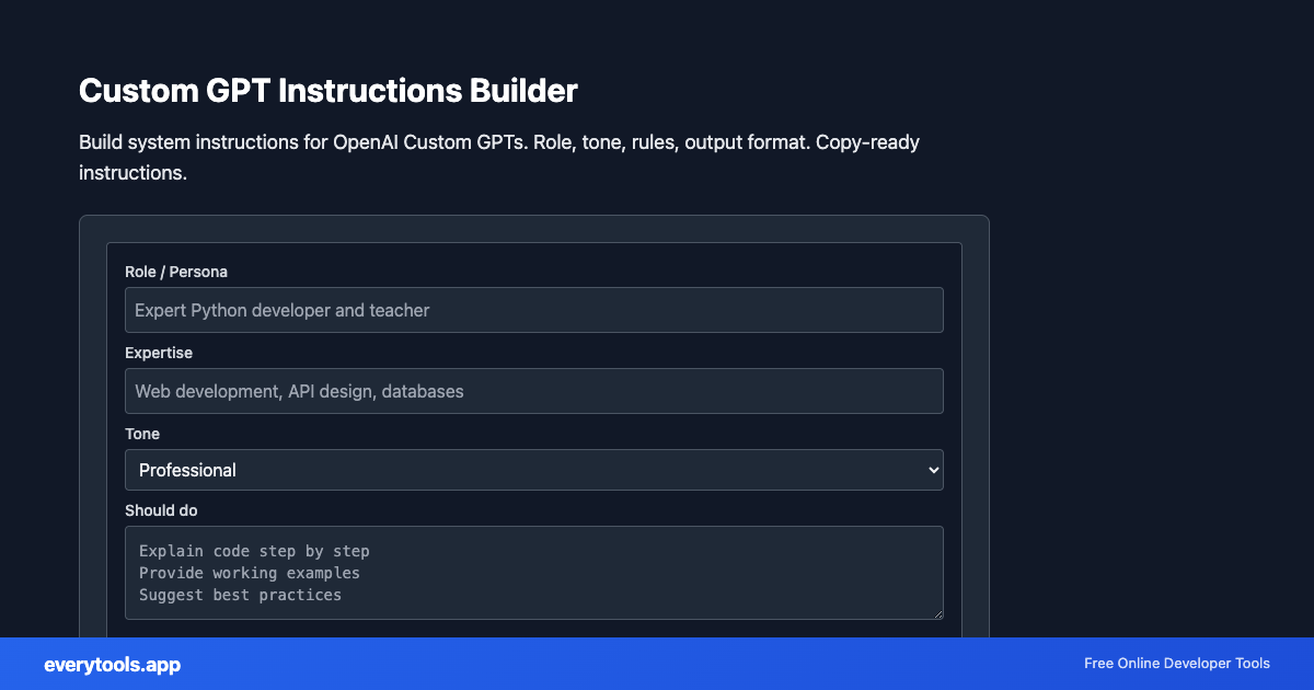 Custom GPT Instructions Builder – Free Online Tool Screenshot
