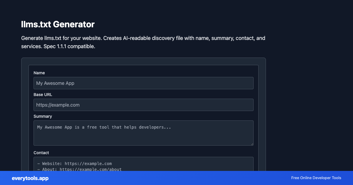 llms.txt Generator – Free Online Tool Screenshot