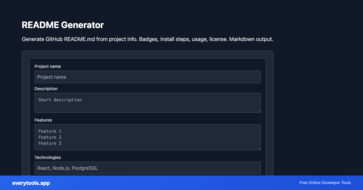 README Generator – Free Online Tool Screenshot