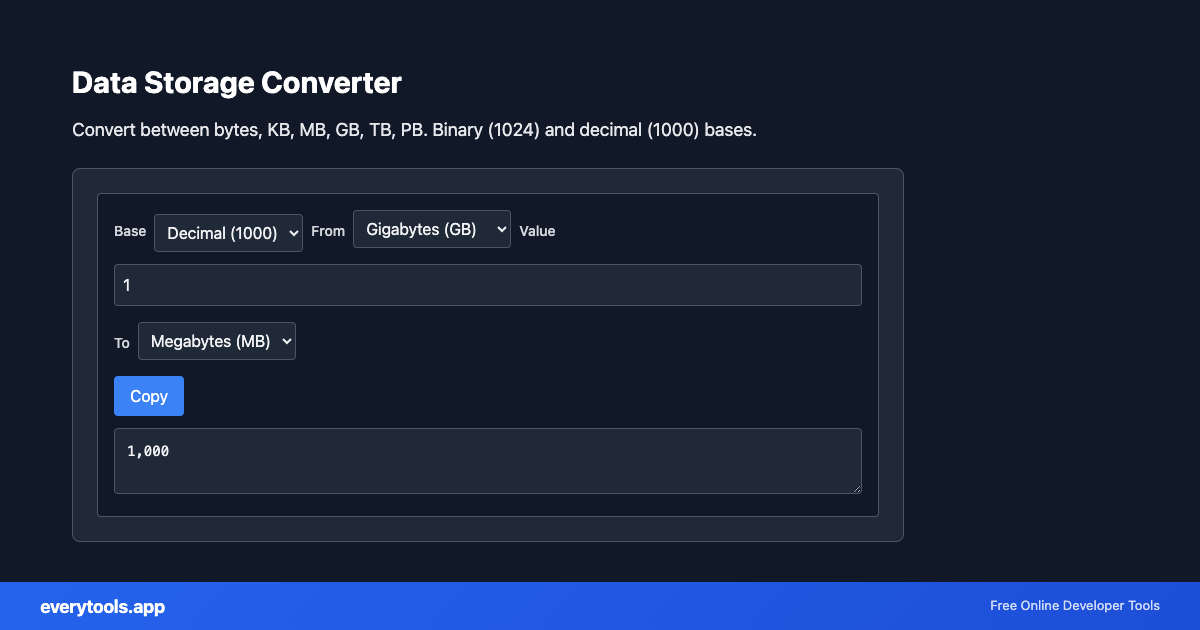 Data Storage Converter – Free Online Tool Screenshot